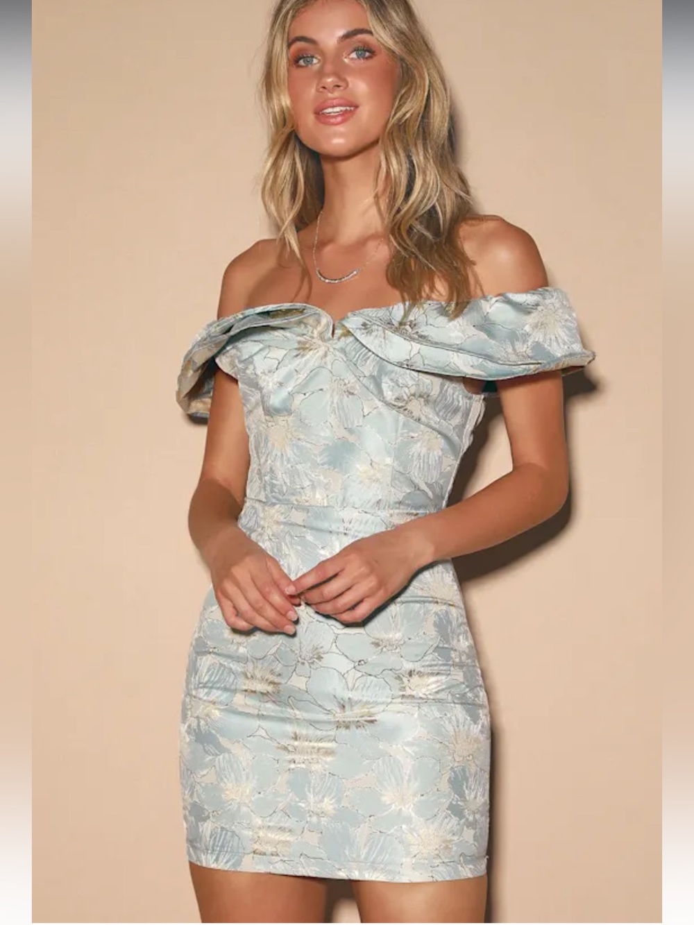 The Sang (Lulus) Well To Do Light Blue Floral Jacquard Ruffle Mini Dress NWT S